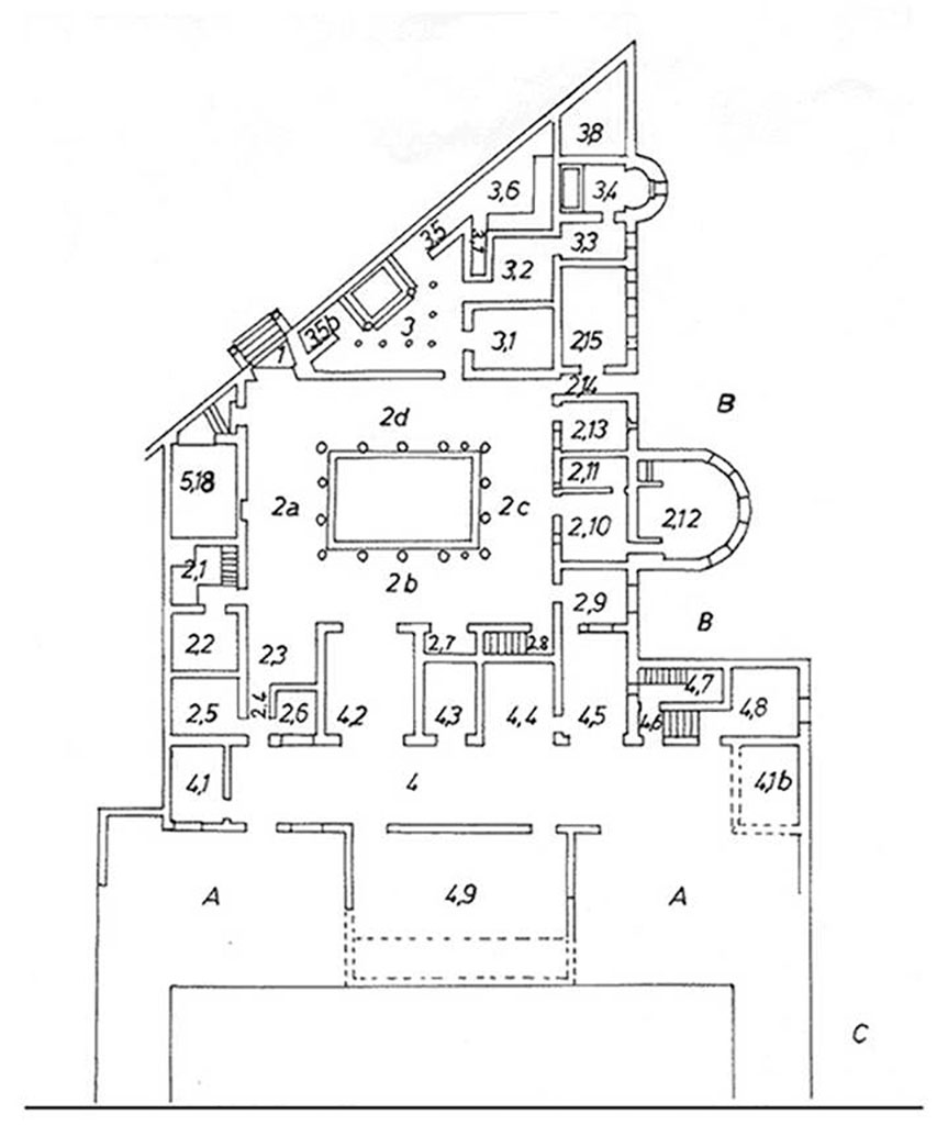 Villa of Diomedes. Room plan of main floor by T. H. M. Fontaine.
See Fontaine, T. H. M., 1991. Die Villa di Diomede in Pompeji. Baugeschichtliche, typologische un stilistische Untersuchungen, Université de Trier, 1991, Abb. 3. 
(The Villa di Diomede in Pompeii: A research on its architectural history, its typology and the style of its paintings) 
See Opus Universitäts Bibliothek Trier - Villa Diomede by T.H.M. Fontaine including PDFs. 